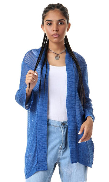 56647 Knitted Open Neckline Blue Cardigan - Ravin 