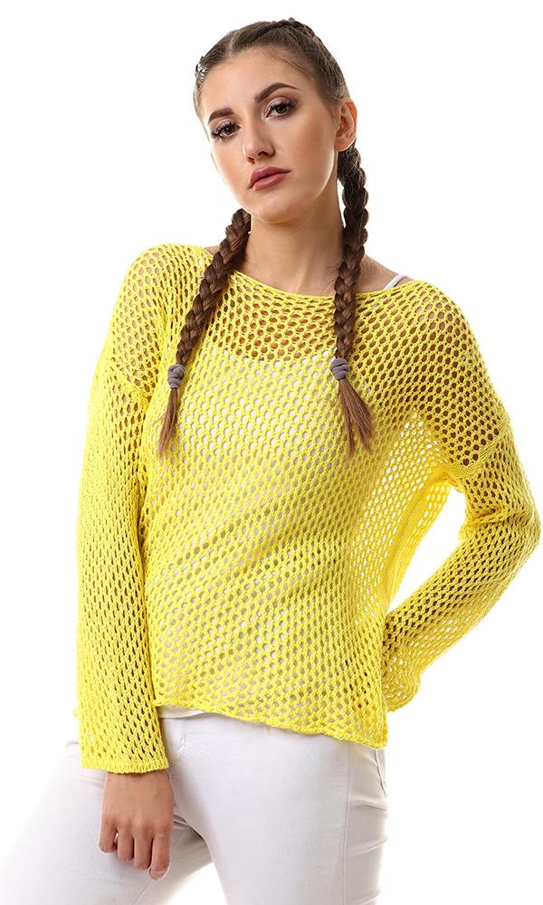 56655 Yellow Perforated Knit Long Sleeves Sweater - Ravin 