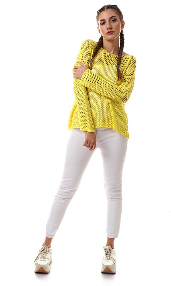 56655 Yellow Perforated Knit Long Sleeves Sweater - Ravin 