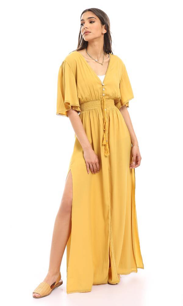 56726 Double Closure Elastic Waist Beach Dress - Mustard - Ravin 