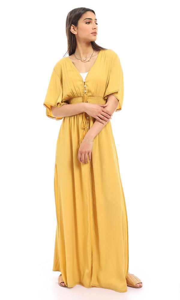 56726 Double Closure Elastic Waist Beach Dress - Mustard - Ravin 