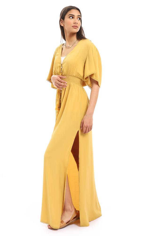 56726 Double Closure Elastic Waist Beach Dress - Mustard - Ravin 