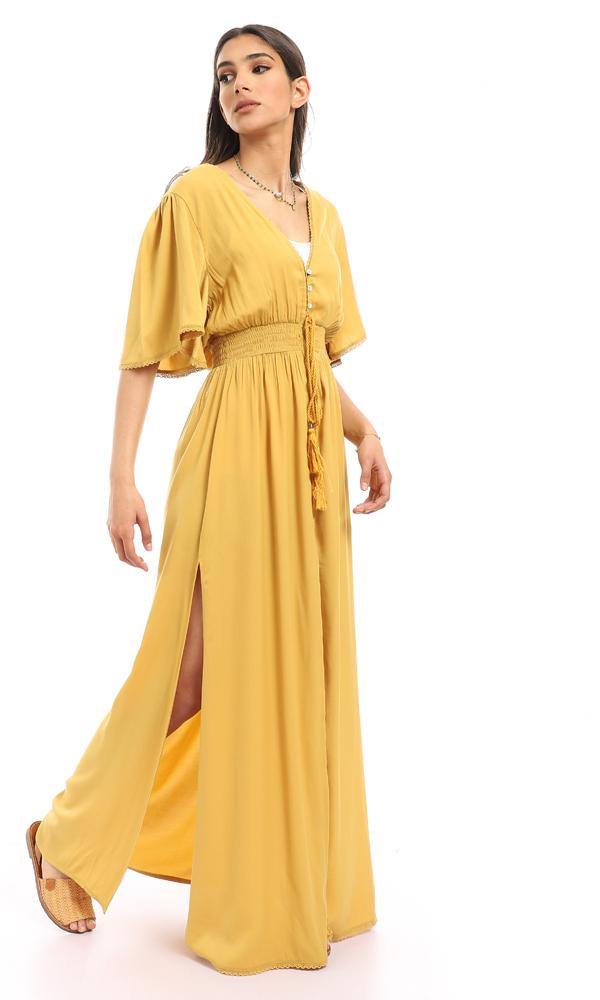 56726 Double Closure Elastic Waist Beach Dress - Mustard - Ravin 