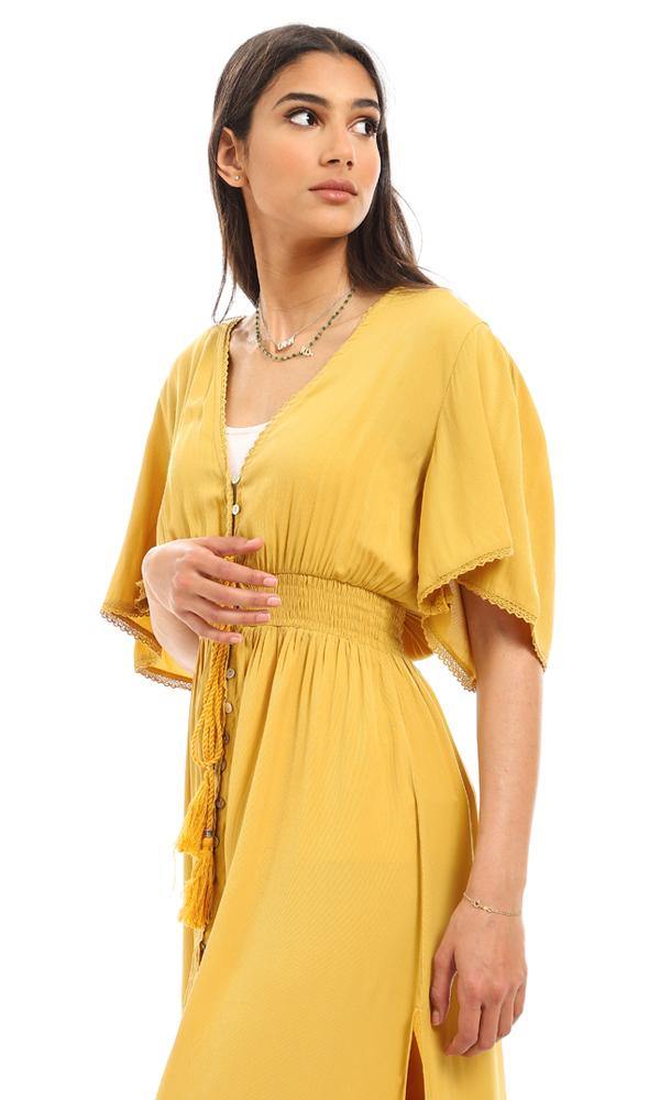 56726 Double Closure Elastic Waist Beach Dress - Mustard - Ravin 