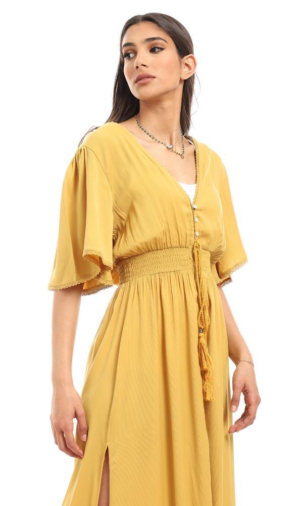 56726 Double Closure Elastic Waist Beach Dress - Mustard - Ravin 