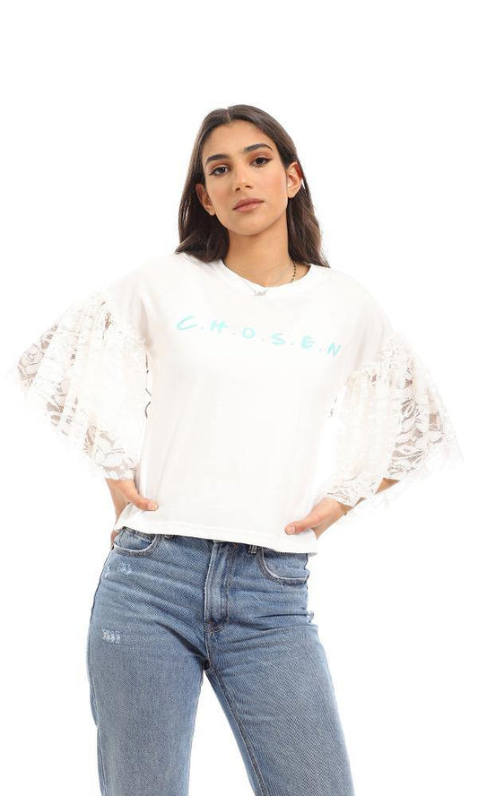 56727 Lace Bell Sleeves Printed T-Shirt - Off White - Ravin 