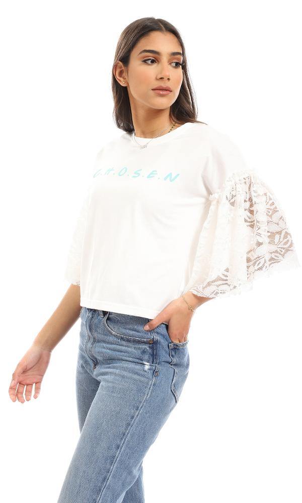 56727 Lace Bell Sleeves Printed T-Shirt - Off White - Ravin 