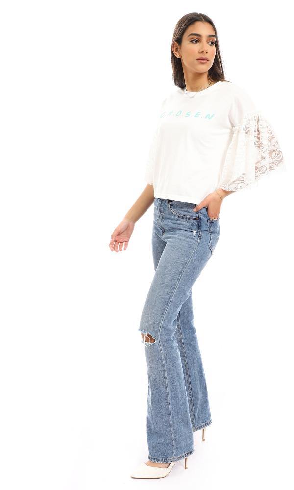 56727 Lace Bell Sleeves Printed T-Shirt - Off White - Ravin 