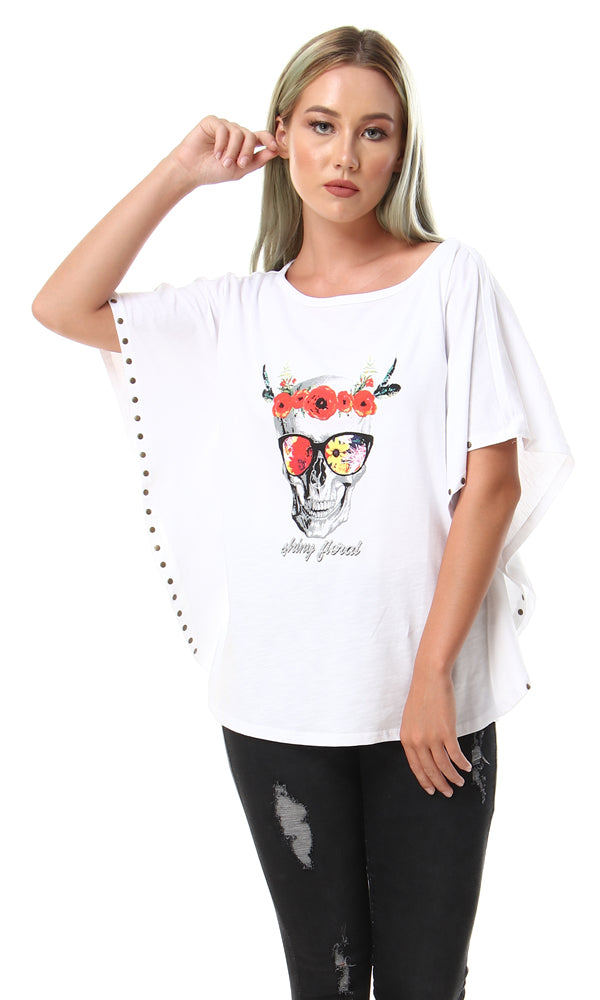 56733 Slip On Printed Loose Fit White T-Shirt - Ravin 