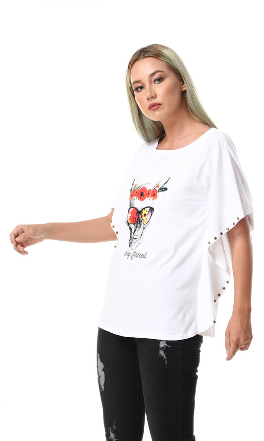 56733 Slip On Printed Loose Fit White T-Shirt - Ravin 