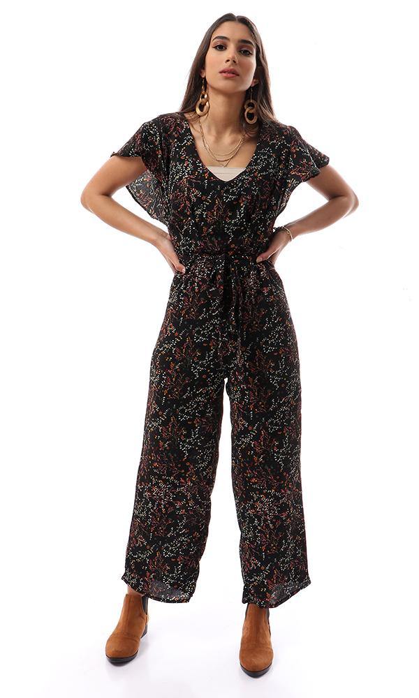 56739 Deep V-Neck Floral Black Open Back Jumpsuit - Ravin 