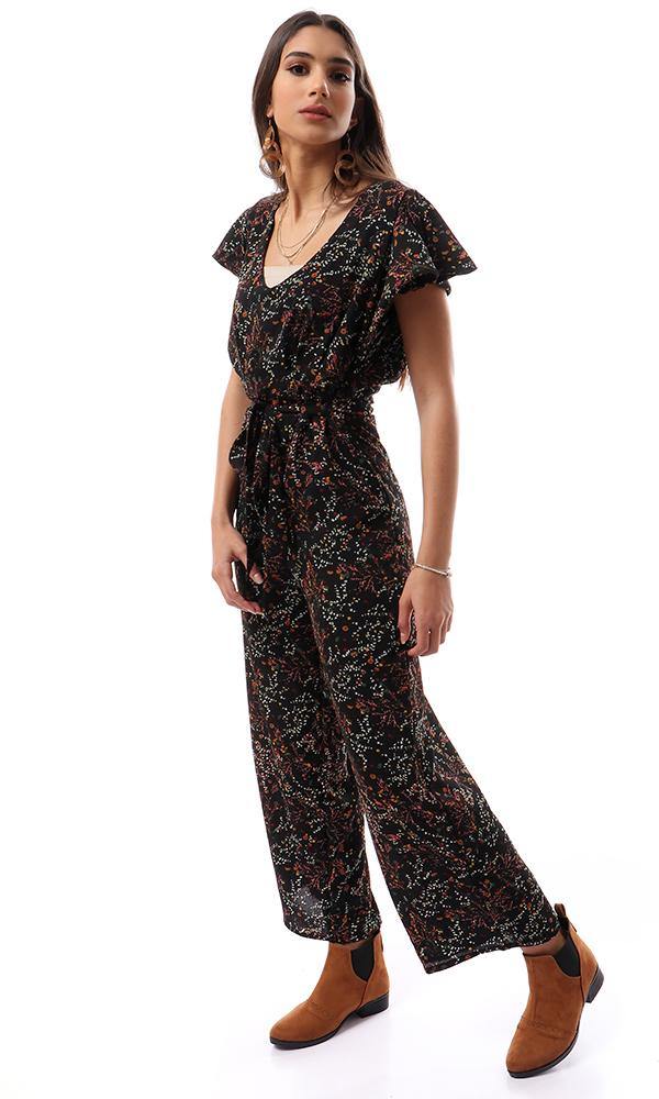 56739 Deep V-Neck Floral Black Open Back Jumpsuit - Ravin 