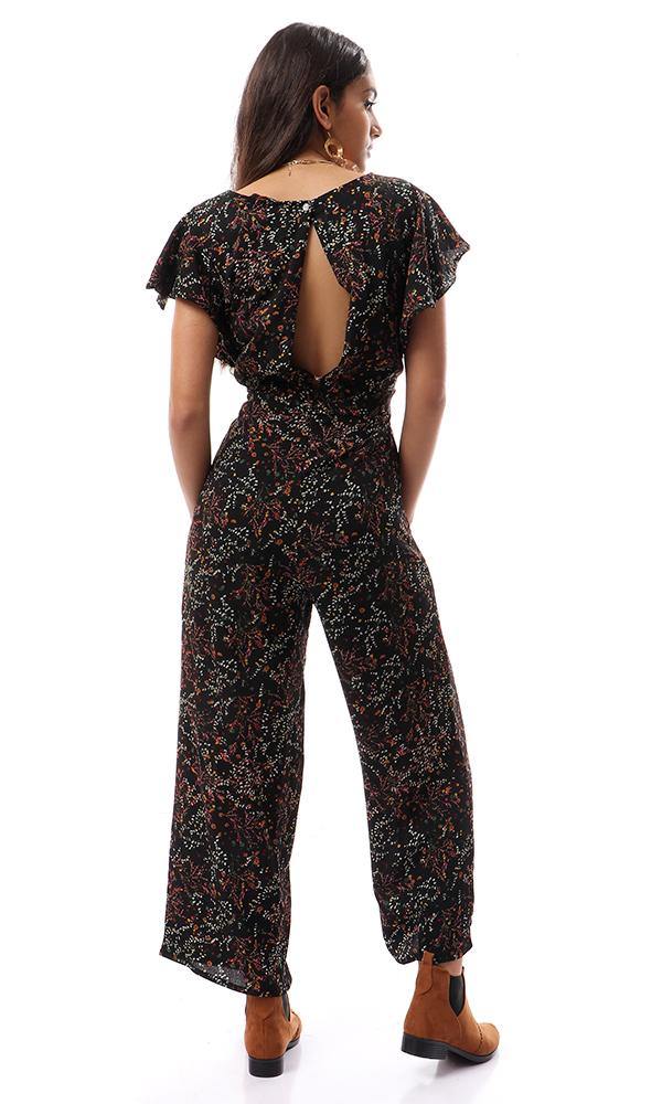 56739 Deep V-Neck Floral Black Open Back Jumpsuit - Ravin 