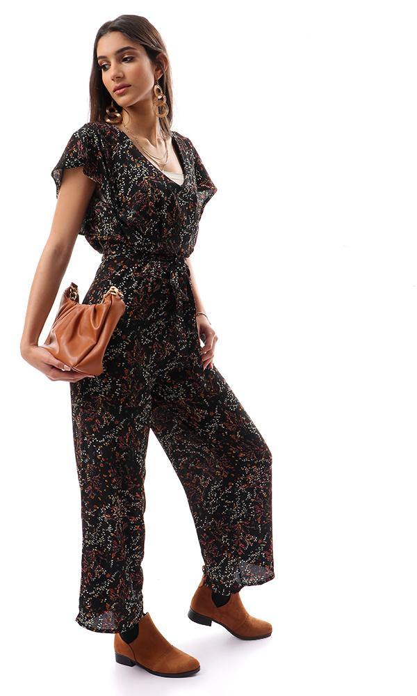 56739 Deep V-Neck Floral Black Open Back Jumpsuit - Ravin 