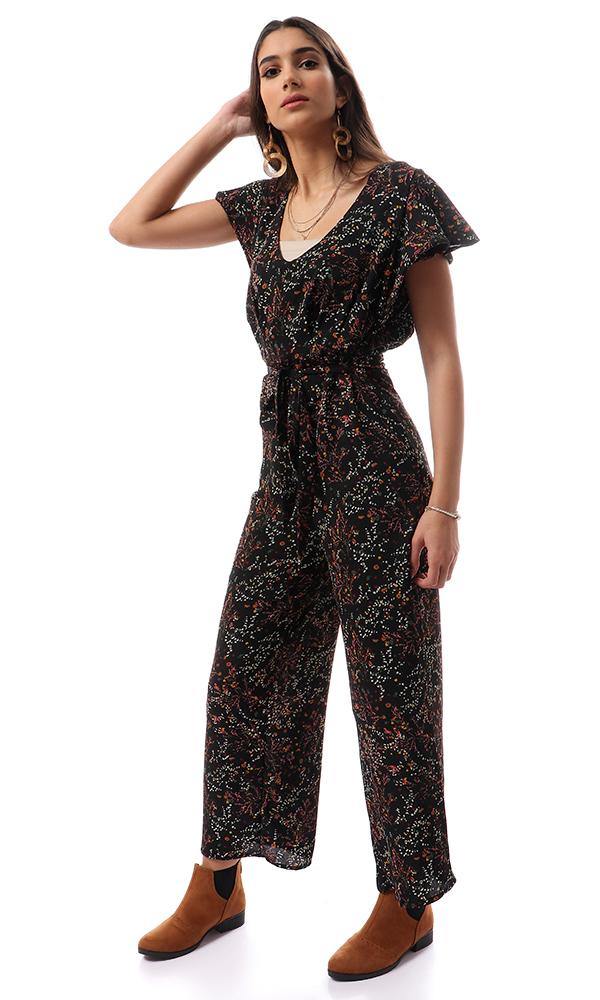 56739 Deep V-Neck Floral Black Open Back Jumpsuit - Ravin 