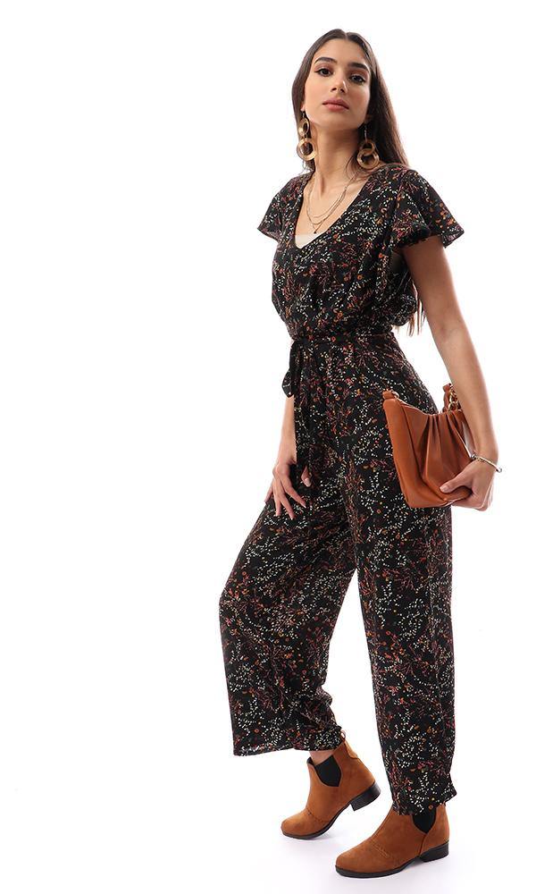 56739 Deep V-Neck Floral Black Open Back Jumpsuit - Ravin 