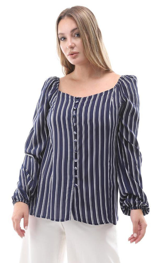 56742 Bi-Tone Striped Navy Blue & White Off-Shoulders Blouse - Ravin 