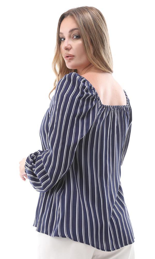 56742 Bi-Tone Striped Navy Blue & White Off-Shoulders Blouse - Ravin 