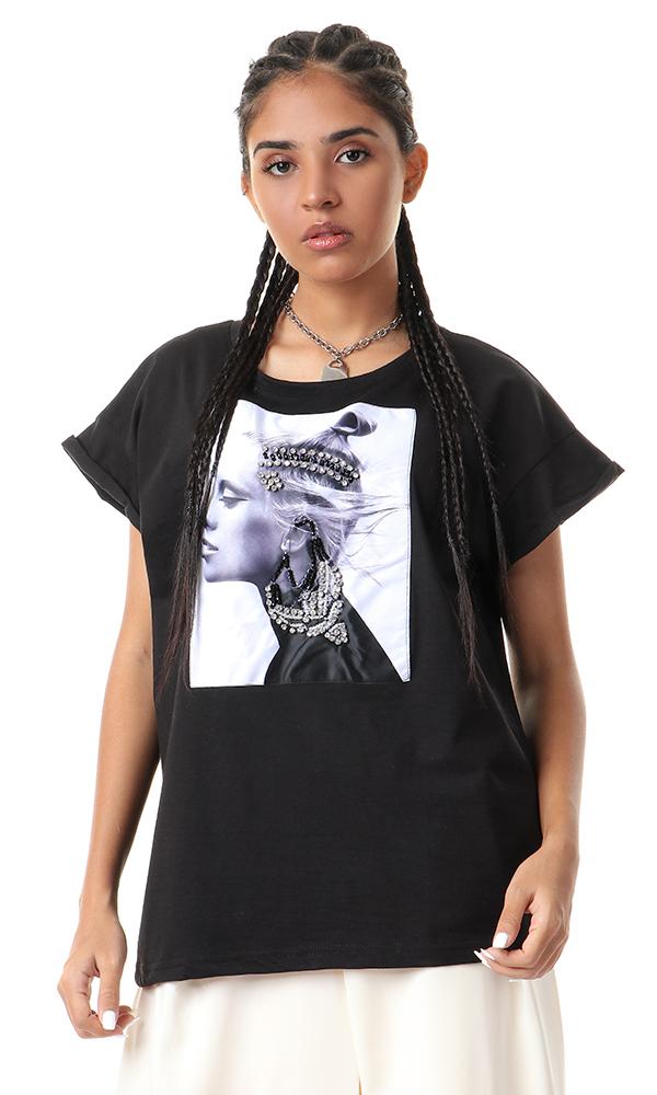 56762 Stitched Shiny Crystals Black Casual Tee - Ravin 