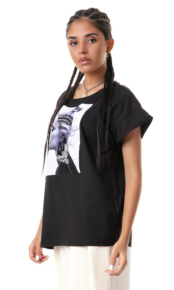 56762 Stitched Shiny Crystals Black Casual Tee - Ravin 