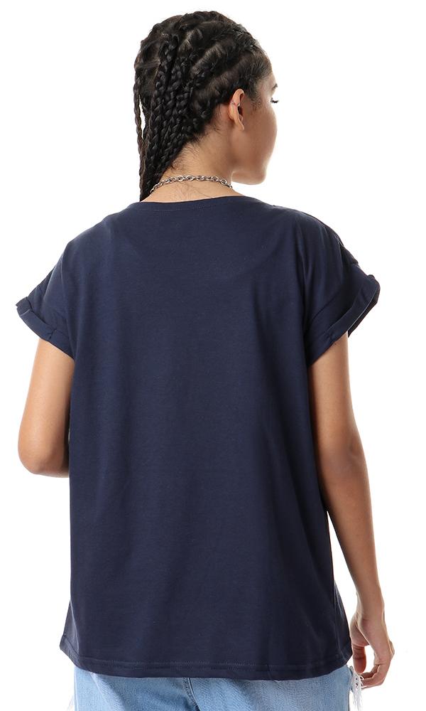 56763 Stitched Patch Roll Up Sleeves Navy Blue T-shirt - Ravin 