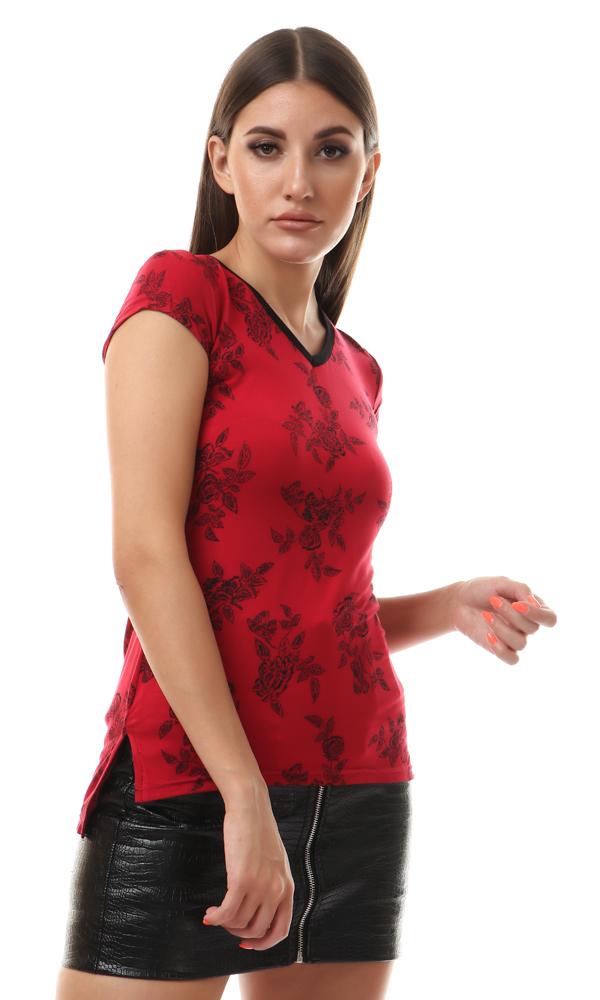 56800 Floral V-Neck Top With Side Slits - Dark Red - Ravin 