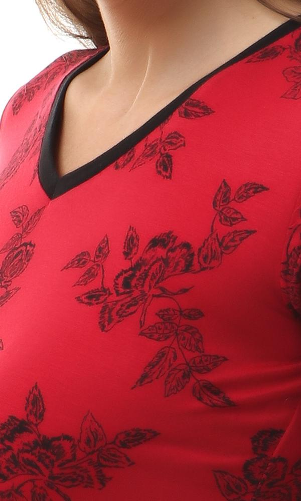 56800 Floral V-Neck Top With Side Slits - Dark Red - Ravin 