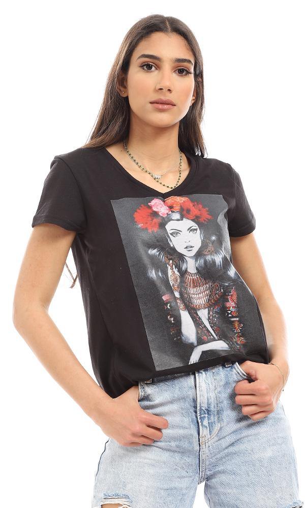 56811 Printed Casual Short Sleeves T-Shirt - Black - Ravin 