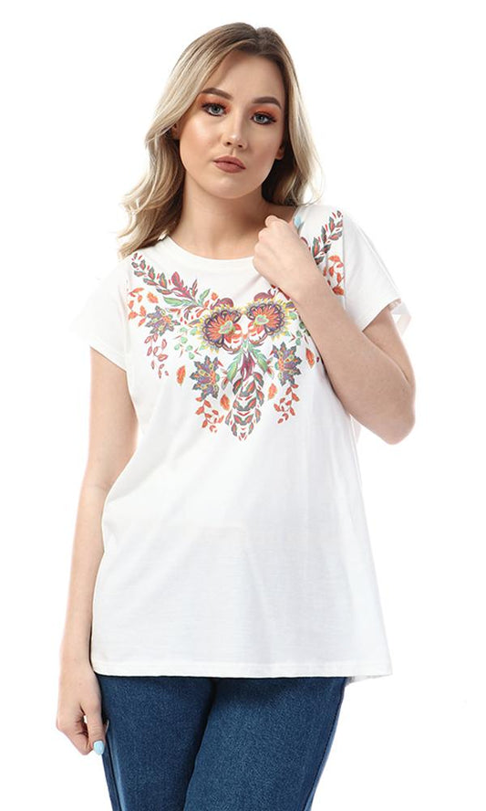 56830 Floral Printed Round White T-shirt - Ravin 