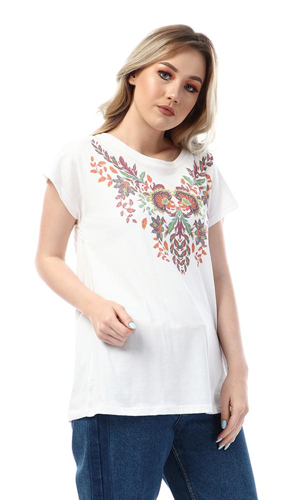 56830 Floral Printed Round White T-shirt - Ravin 