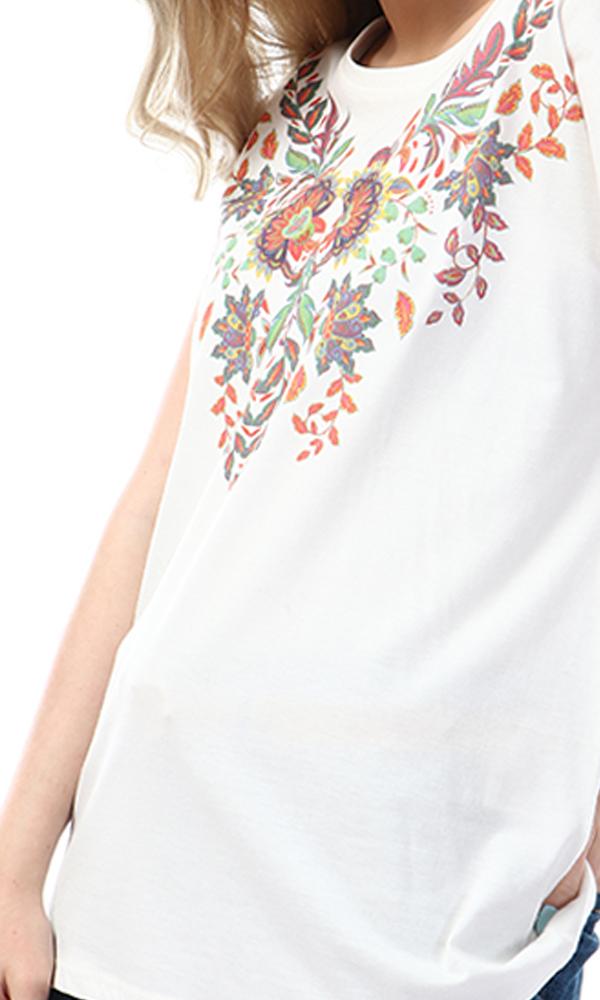 56830 Floral Printed Round White T-shirt - Ravin 