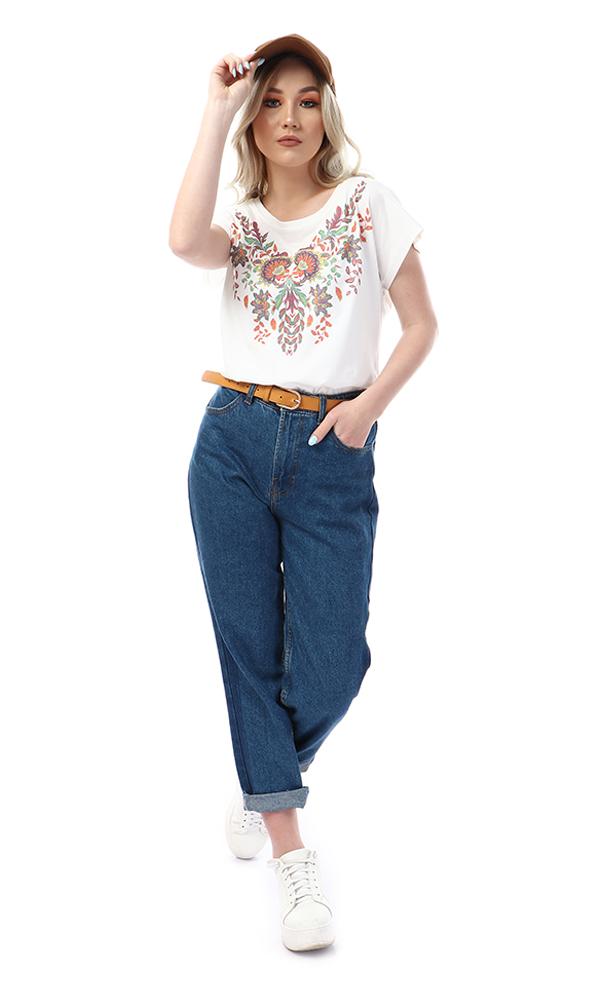 56830 Floral Printed Round White T-shirt - Ravin 