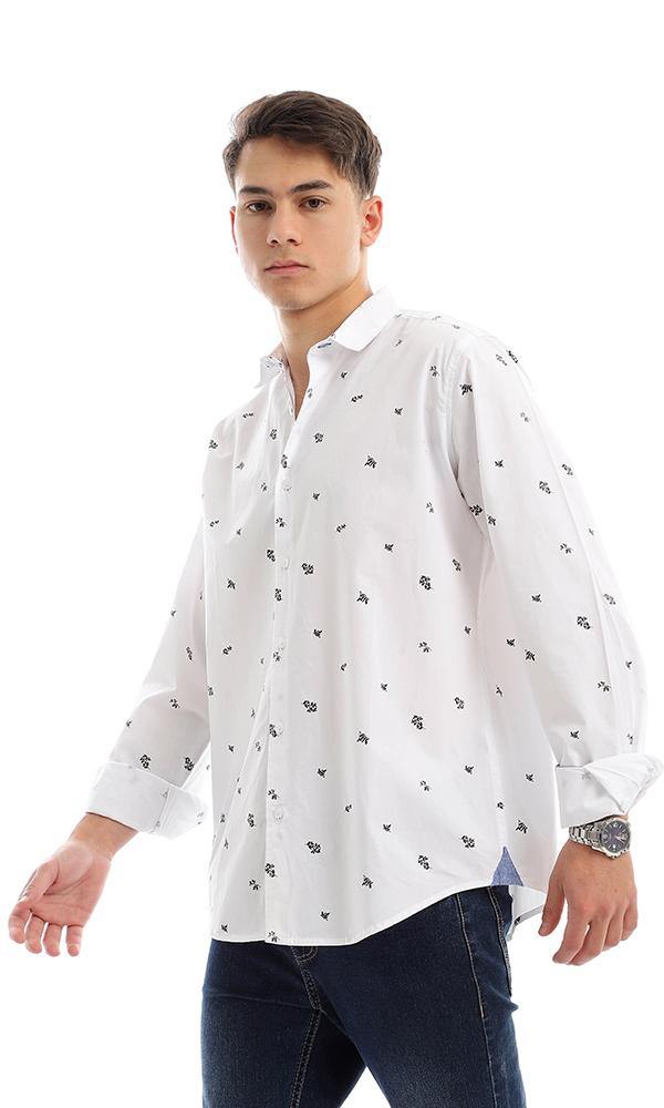 56901 Self Floral Pattern White Long Sleeves Shirt - Ravin 