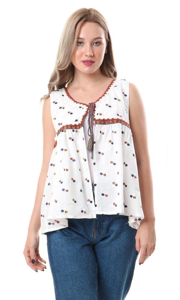 56909 Colorful Embroidery Off-White Sleeveless Vest - Ravin 