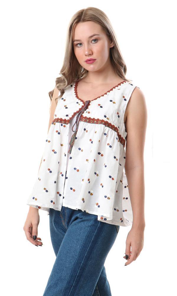 56909 Colorful Embroidery Off-White Sleeveless Vest - Ravin 