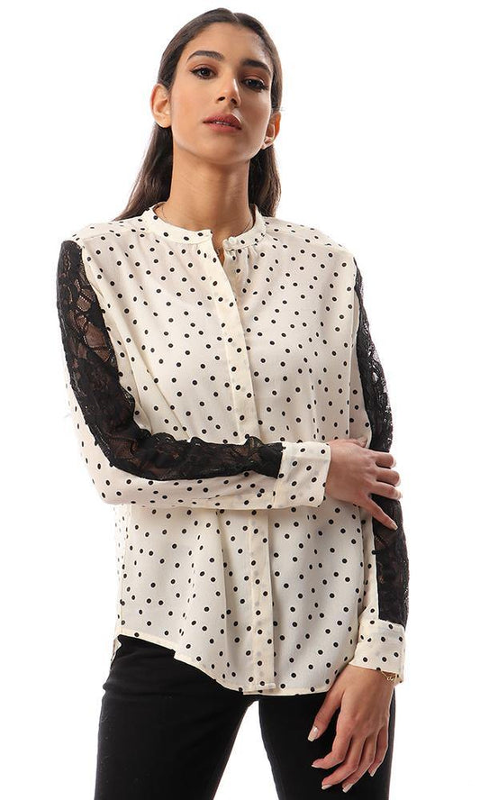 56914 Polka Dots Shirt With Lace Sleeves - Cream - Ravin 
