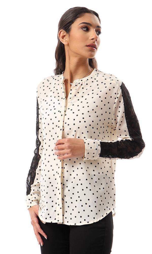 56914 Polka Dots Shirt With Lace Sleeves - Cream - Ravin 