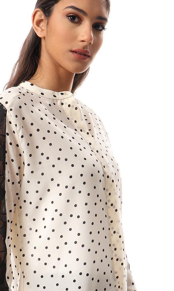 56914 Polka Dots Shirt With Lace Sleeves - Cream - Ravin 