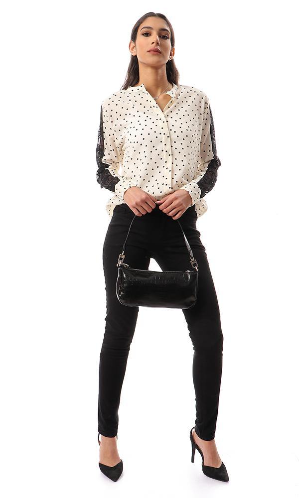 56914 Polka Dots Shirt With Lace Sleeves - Cream - Ravin 