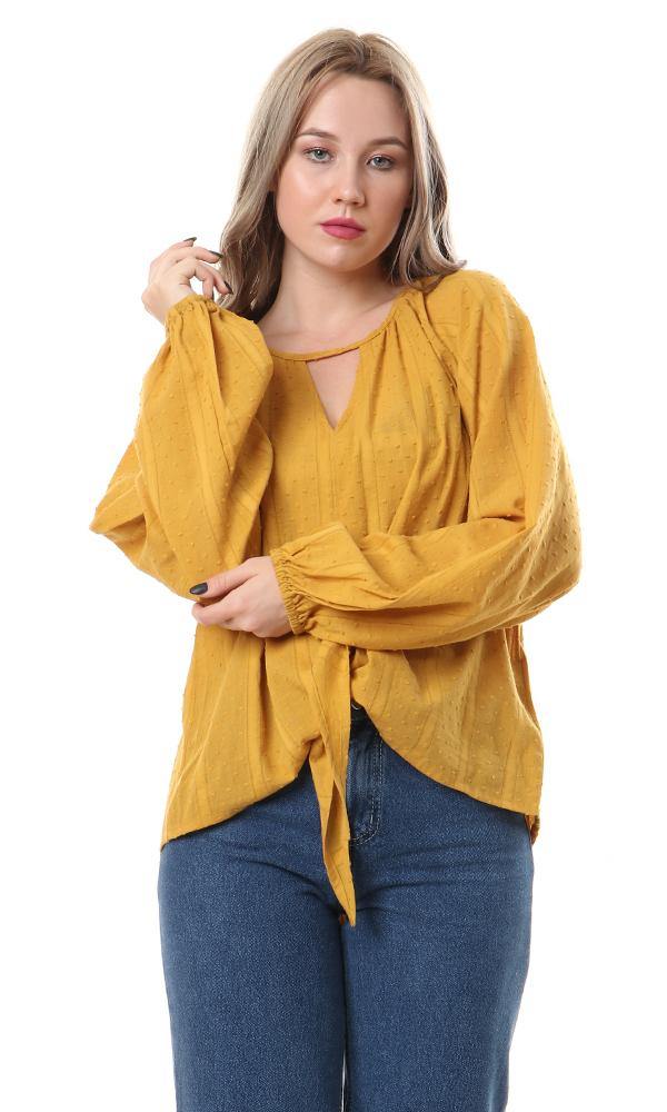 56929 Cut Neck With Front Tie Goldenrod Blouse - Ravin 