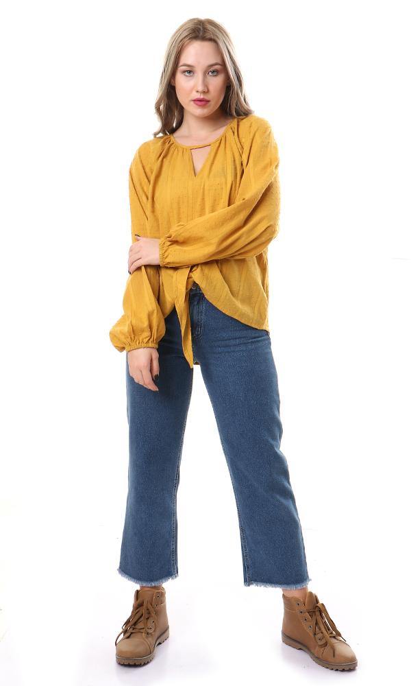 56929 Cut Neck With Front Tie Goldenrod Blouse - Ravin 