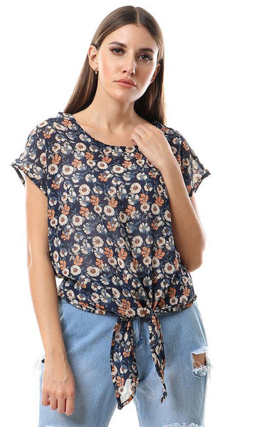 56938 Buttoned Shoulders Chiffon Blouse - Navy Blue & Orange - Ravin 