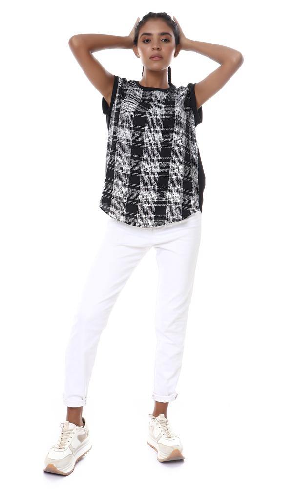 56939 Front Plaids Cap Sleeves Black Blouse - Ravin 