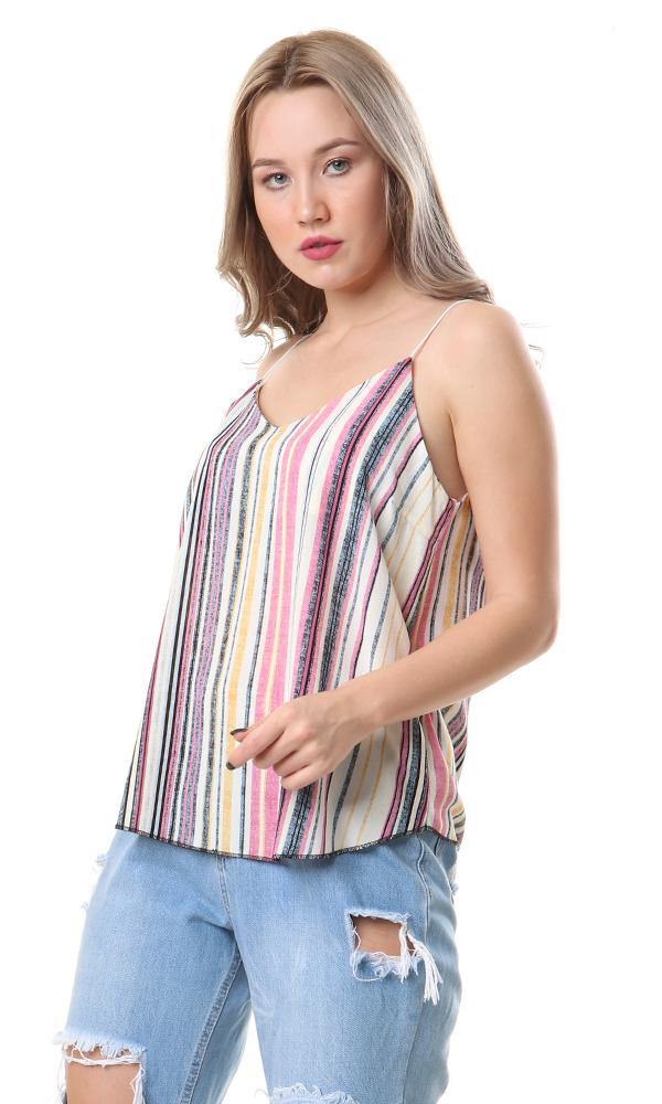 56954 Spaghetti Sleeves Colorful Stripes Top - Ravin 