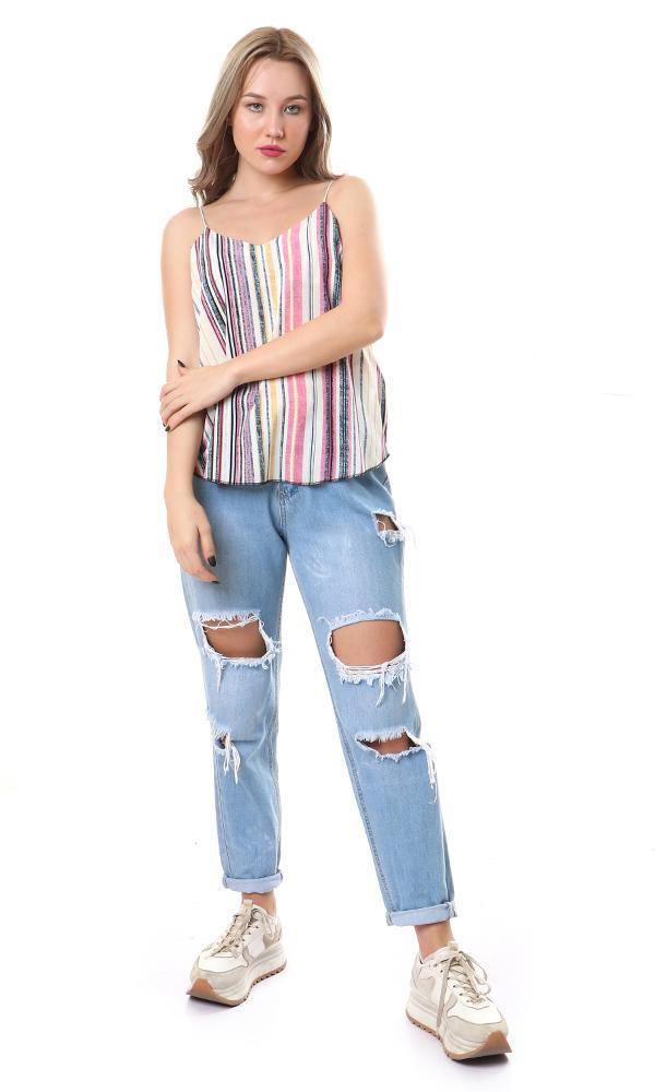 56954 Spaghetti Sleeves Colorful Stripes Top - Ravin 
