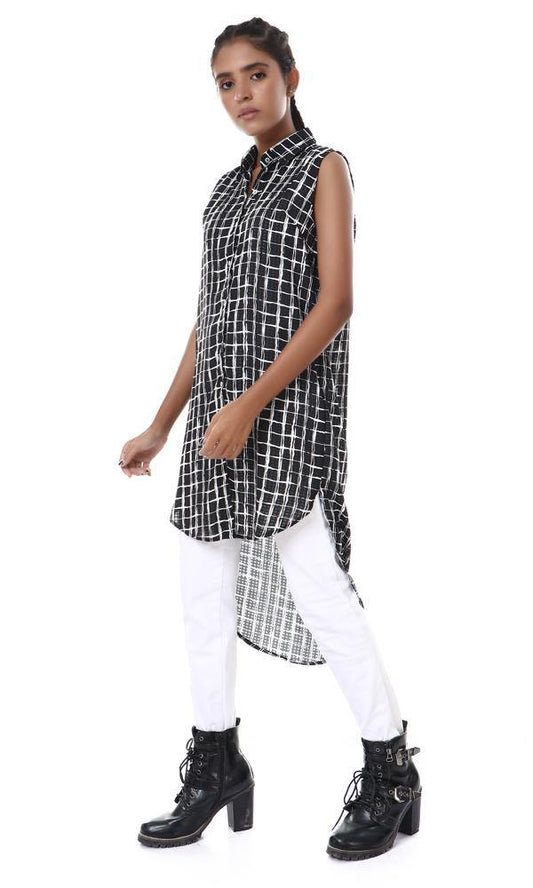 56955 Sleeveless Hi-Low Plaids Black Long Shirt - Ravin 