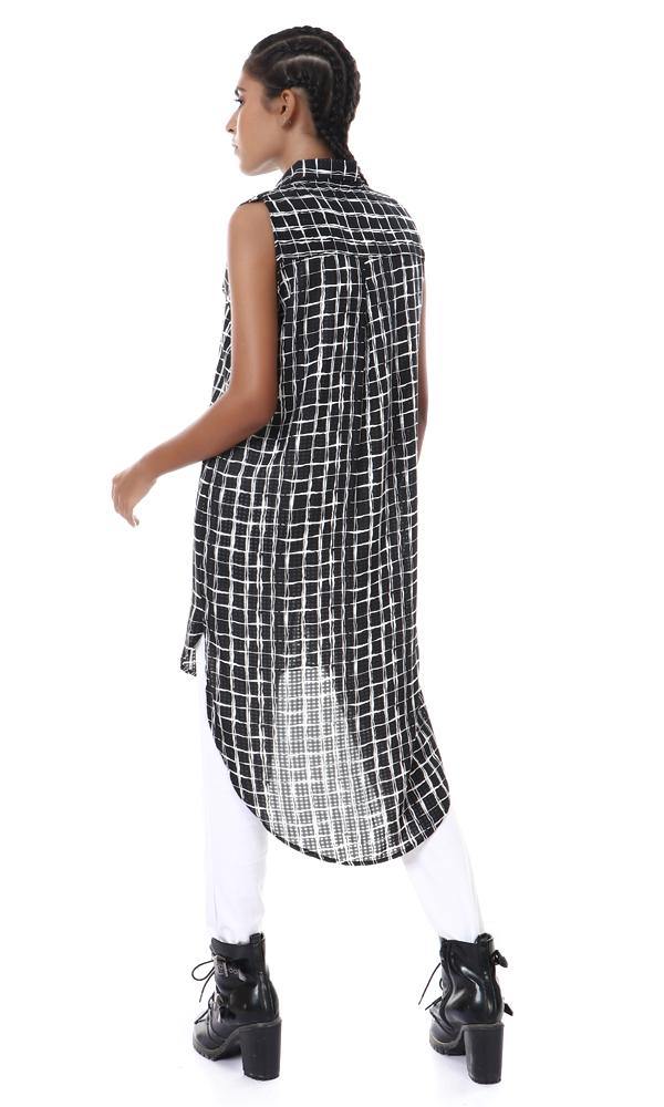 56955 Sleeveless Hi-Low Plaids Black Long Shirt - Ravin 