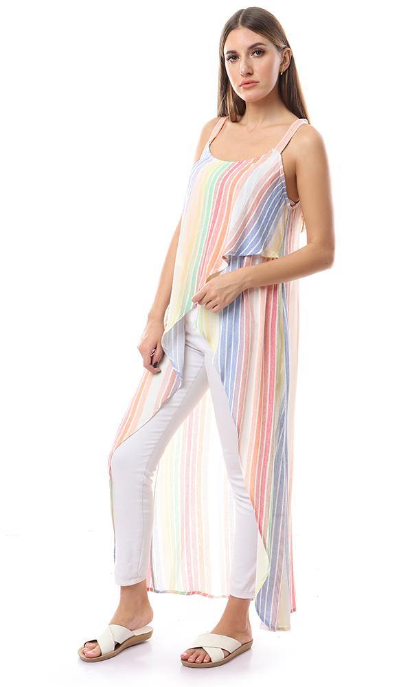 56957 Straps Sleeves Multicolour High Low Stripe Top - Ravin 