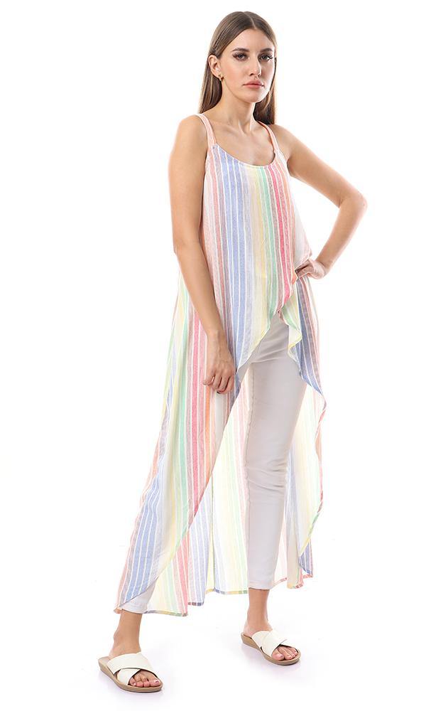 56957 Straps Sleeves Multicolour High Low Stripe Top - Ravin 