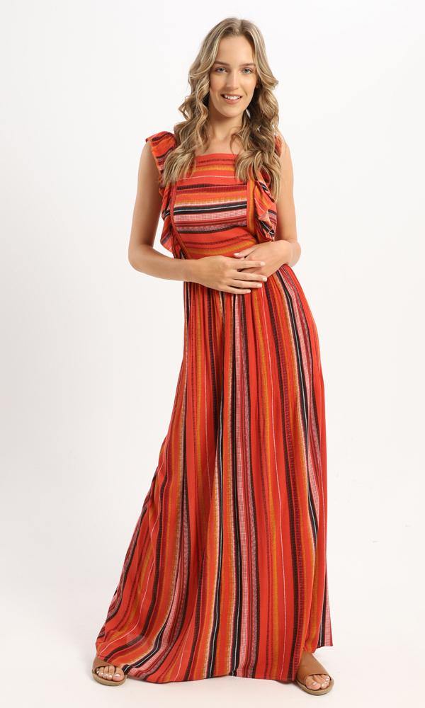 56980 Ruffle Sleeveless Striped Maxi Dress - Orange & Black - Ravin 